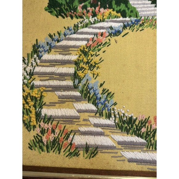 1950s Vintage Framed Garden Gazebo Picture Yarn Art Needle Point 19x15" - Picture 5 of 16